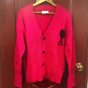 Ami Vibrant Red Cardigan with Black Heart Detail